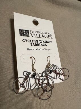 Ten Thousand Villages Cycling Whimsy Wire Bicycle Earrings - Black and Brown